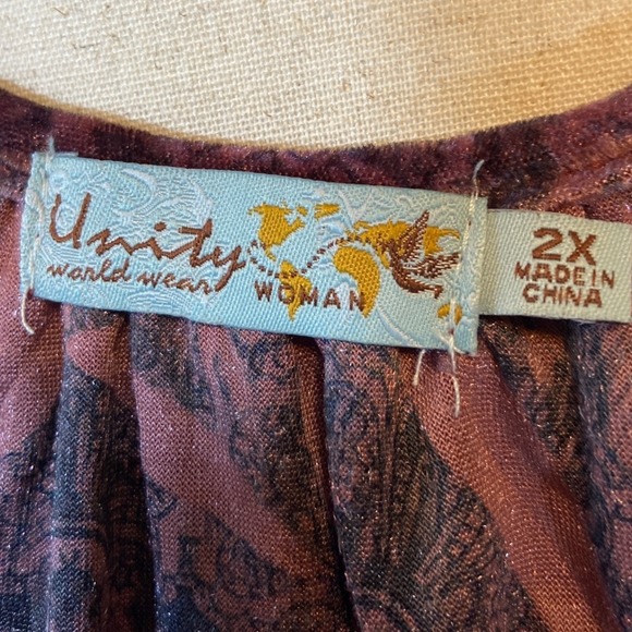 Unity World Wear Velvet Tunic Top Boho Paisley Print Lace Sequins Tie Neck 2X - Picture 4 of 6